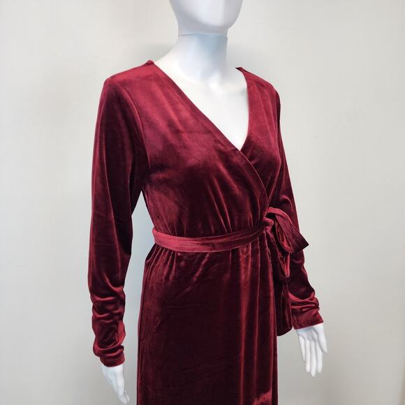 Velvet Faux Wrap Maxi Dress Size L Berry Red Dark Romantic Fairy Medieval Goth - Picture 3 of 15